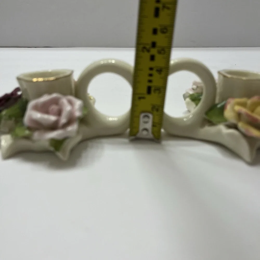 Vintage Porcelain Taper Candle Holders Finger Loop White 3D Hand Painted Roses 2